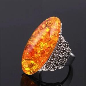 Amber Statement Ring in Orange and Silver